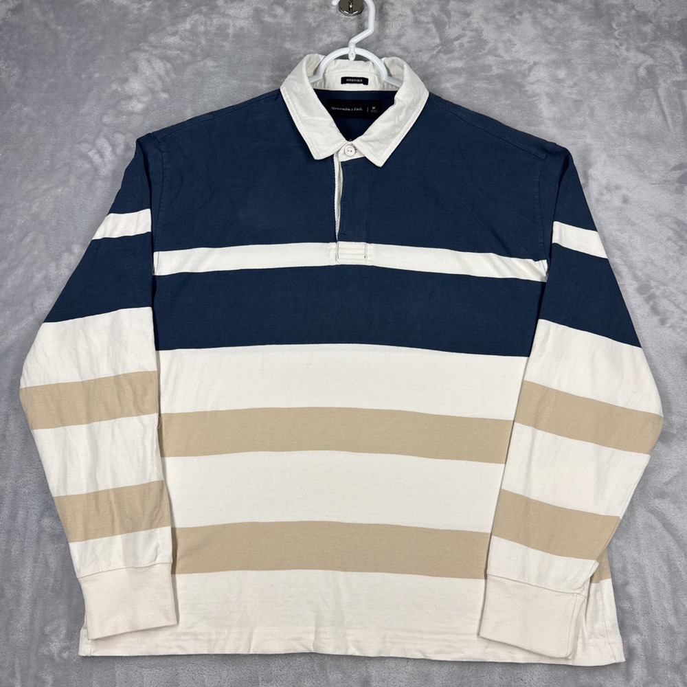 ABERCROMBIE & FITCH Oversized Rugby Shirt Mens M Navy Tan Striped Long Sleeve